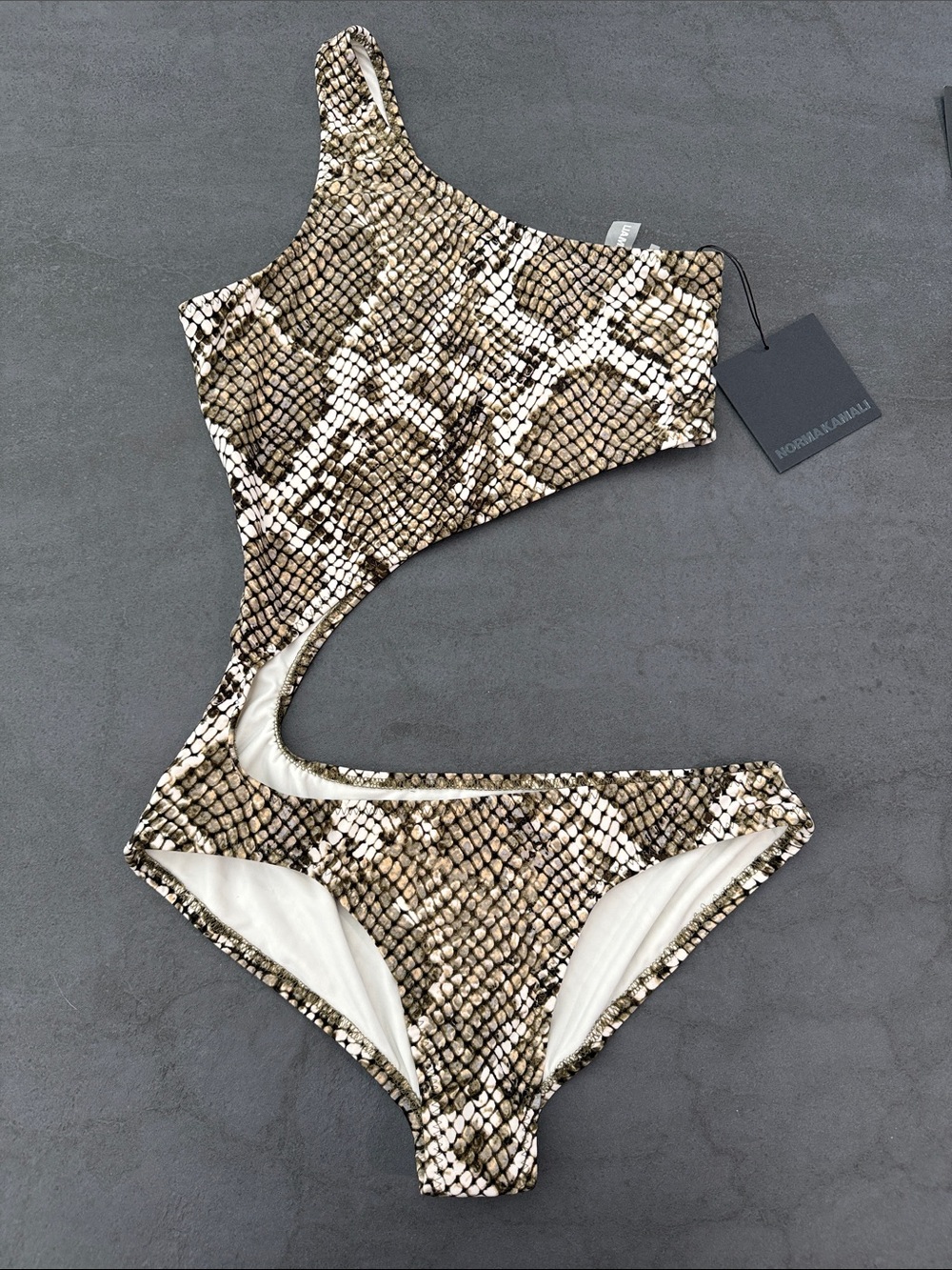 Norma Kamali One-Shoulder Snake Print One-Piece Swimsuit in Brown and Cream